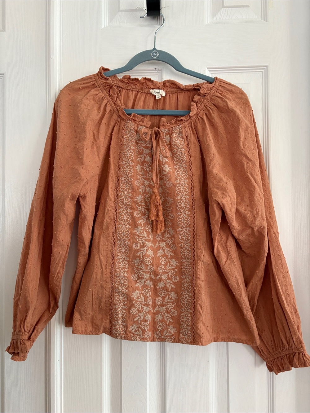 Easel Embroidered Boho rust and cream Peasant Blouse Women's Top Size small